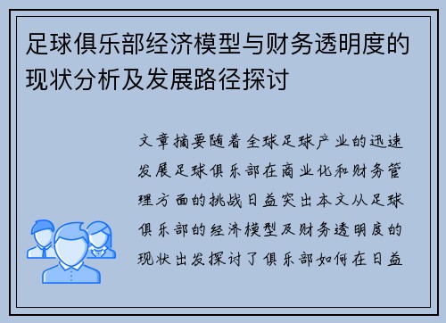 足球俱乐部经济模型与财务透明度的现状分析及发展路径探讨