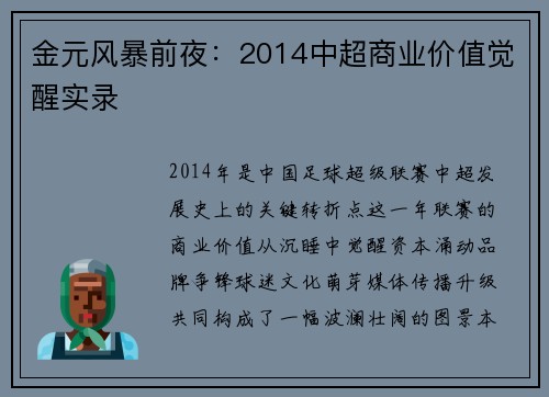 金元风暴前夜：2014中超商业价值觉醒实录